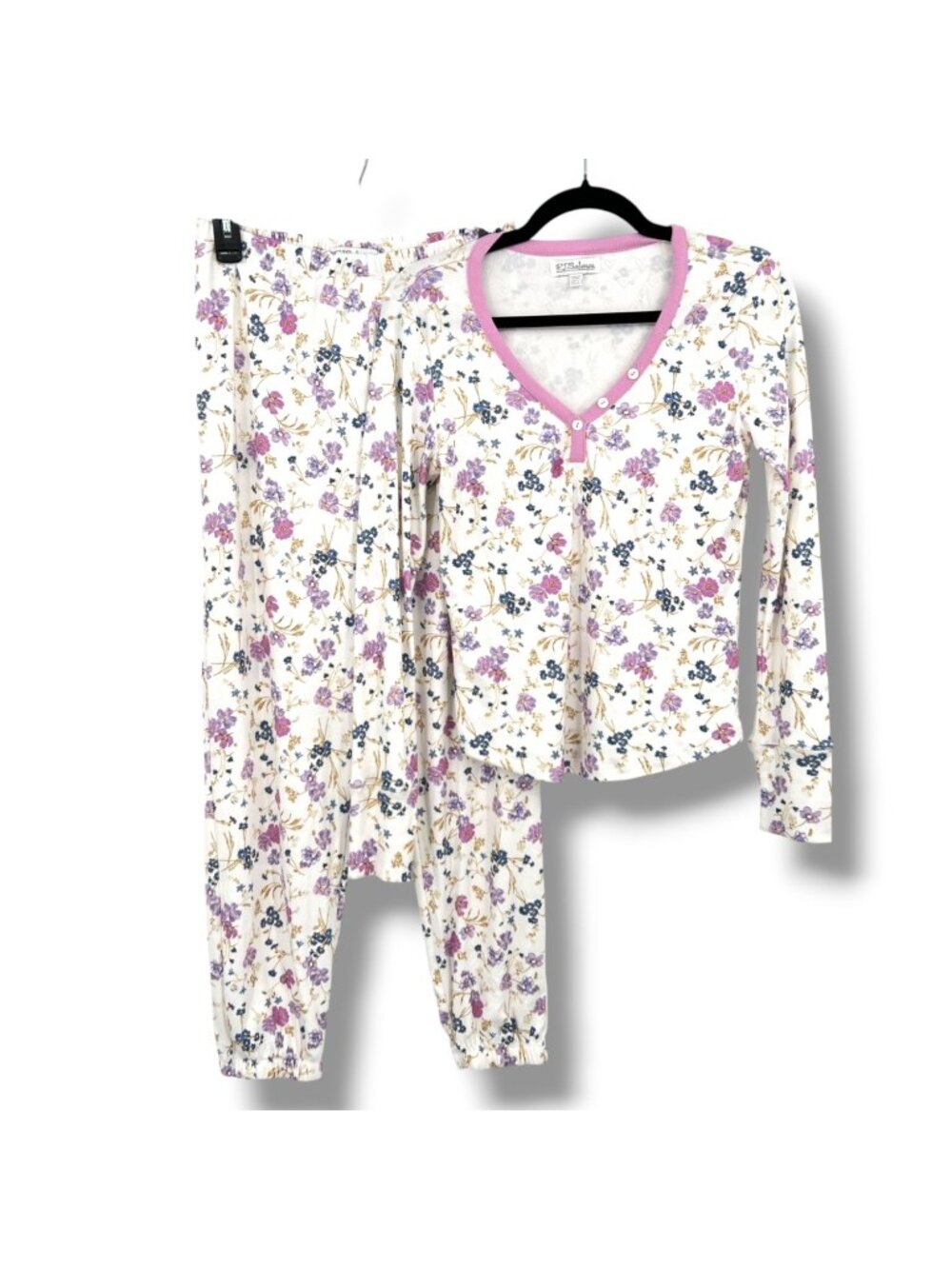 P.J. Salvage Floral Pajama Set Long Sleeve Top Pants with Hearts Size Small